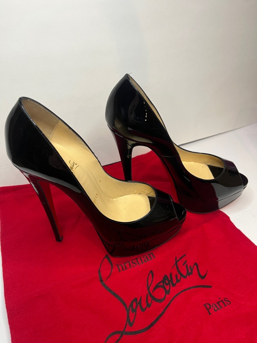 SZ 37 Christian Louboutin Black Patent Leather Peep-Toe Platform Pumps - Picture 7 of 15